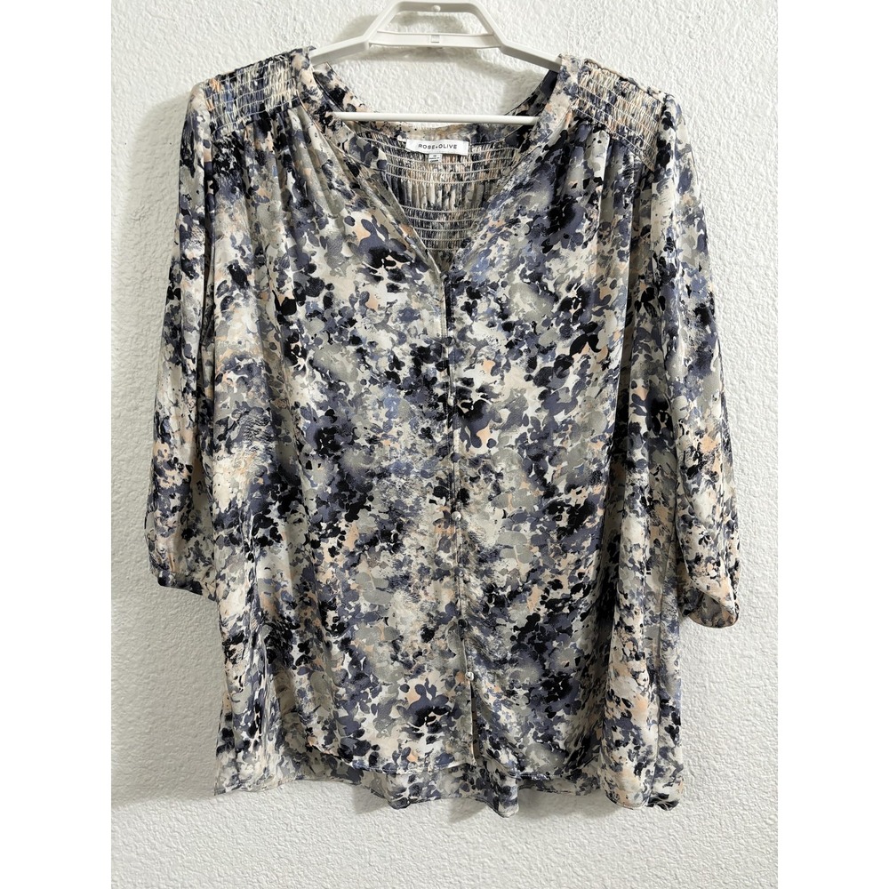 Rose + Olive Blouse Womens 1X Blue Floral Boho Tunic 3/4 Sleeve Relaxed Plus